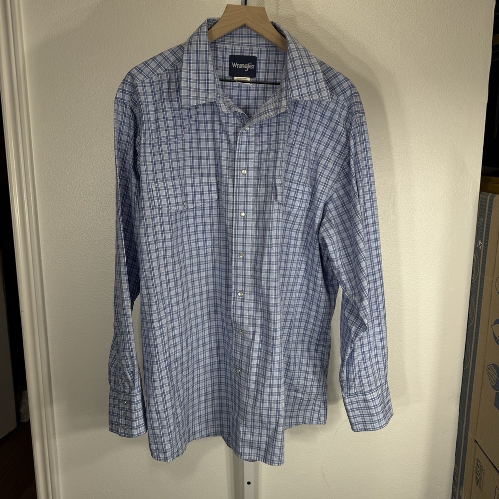 Wrangler Mens 2XLT Western Pearl Snap Shirt Blue White Plaid Long Sleeve MWR008M